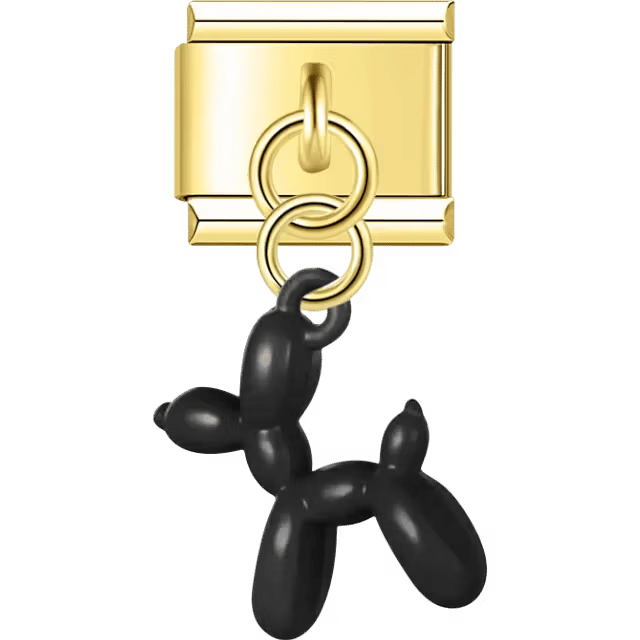 Gold Italian charm dangle with a black balloon dog figurine hanging from two gold rings.